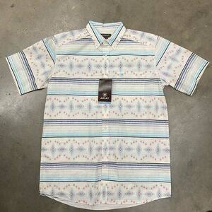 Ariat Men’s Short-Sleeve Aztec Stripe Button-Down Shirt - Light Blue & White